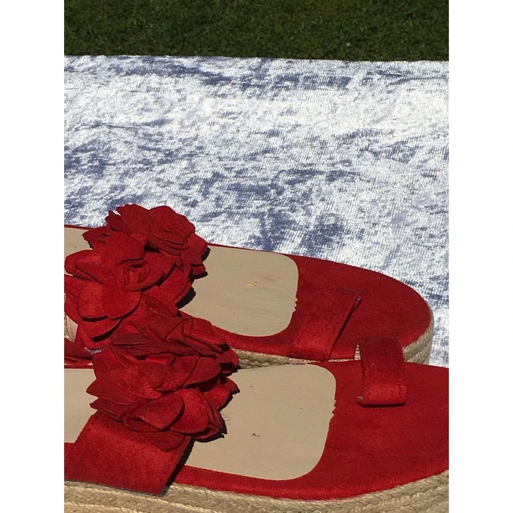 Red Floral Platform‎ Sandals With Espadrille Sole